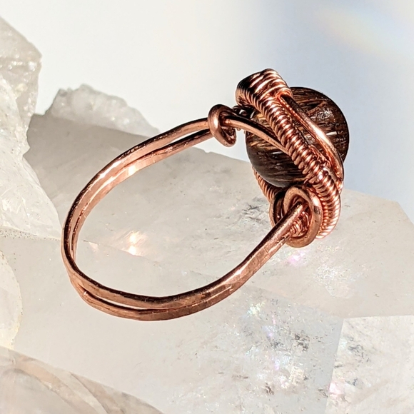 Copper Statement Ring Artisan Crafted With Rare Rutilated Quartz Crystal Bead - Picture 13 of 16